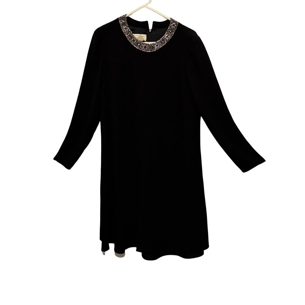 Jones New York Dress Size 12 Black Cape Swing Dress Shoulder Pads Beaded Neck - Picture 2 of 11